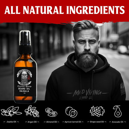 Mad Viking Valhalla Beard Oil - Hydrate, Soften and Grow Your Beard Naturally. Fight Itch and Dandruff with a Smooth Sandalwood & Vanilla Scent, Made in the USA - 2Oz