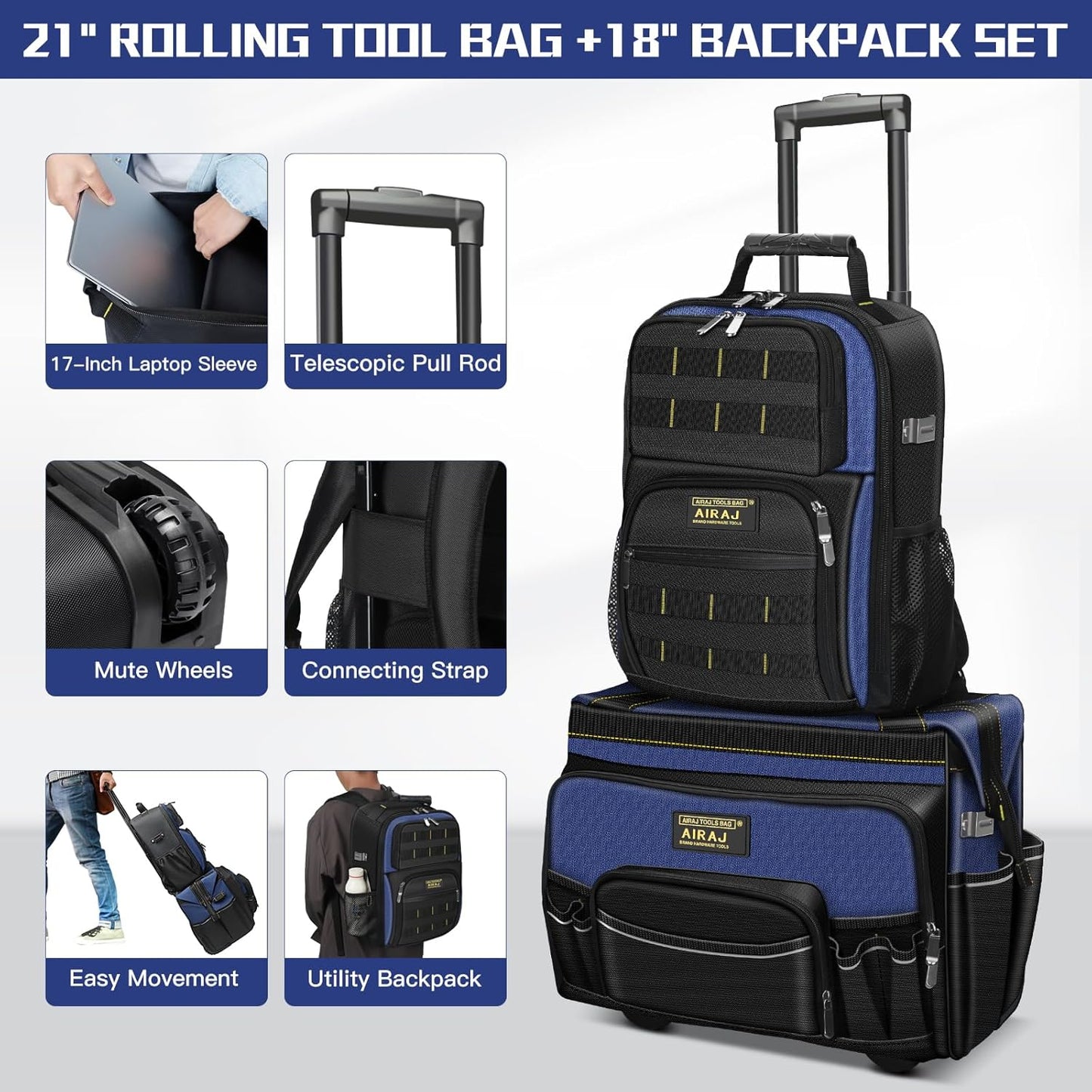 21" Rolling Tool Bag with Wheels & 18" Tool Backpack Set | Adjustable Telescoping Handle | Waterproof Tool Bag | Tool Backpack Heavy Duty | 1680D Oxford Cloth | USB Charging Port | 55 Pockets