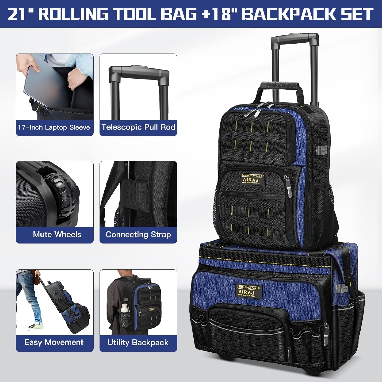 21" Rolling Tool Bag with Wheels & 18" Tool Backpack Set | Adjustable Telescoping Handle | Waterproof Tool Bag | Tool Backpack Heavy Duty | 1680D Oxford Cloth | USB Charging Port | 55 Pockets