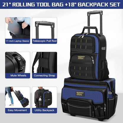 21" Rolling Tool Bag with Wheels & 18" Tool Backpack Set | Adjustable Telescoping Handle | Waterproof Tool Bag | Tool Backpack Heavy Duty | 1680D Oxford Cloth | USB Charging Port | 55 Pockets