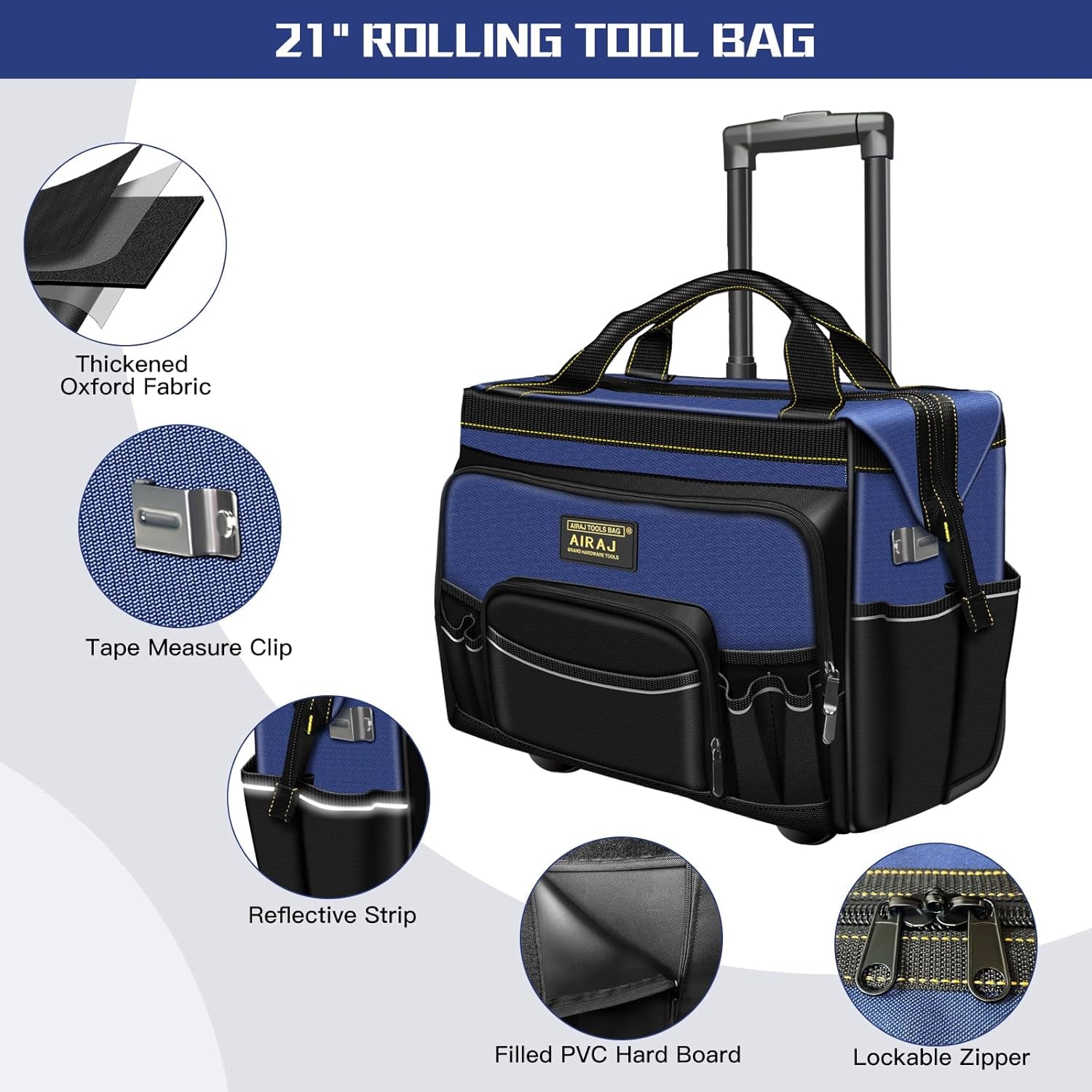 21" Rolling Tool Bag with Wheels & 18" Tool Backpack Set | Adjustable Telescoping Handle | Waterproof Tool Bag | Tool Backpack Heavy Duty | 1680D Oxford Cloth | USB Charging Port | 55 Pockets