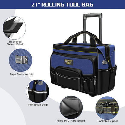 21" Rolling Tool Bag with Wheels & 18" Tool Backpack Set | Adjustable Telescoping Handle | Waterproof Tool Bag | Tool Backpack Heavy Duty | 1680D Oxford Cloth | USB Charging Port | 55 Pockets