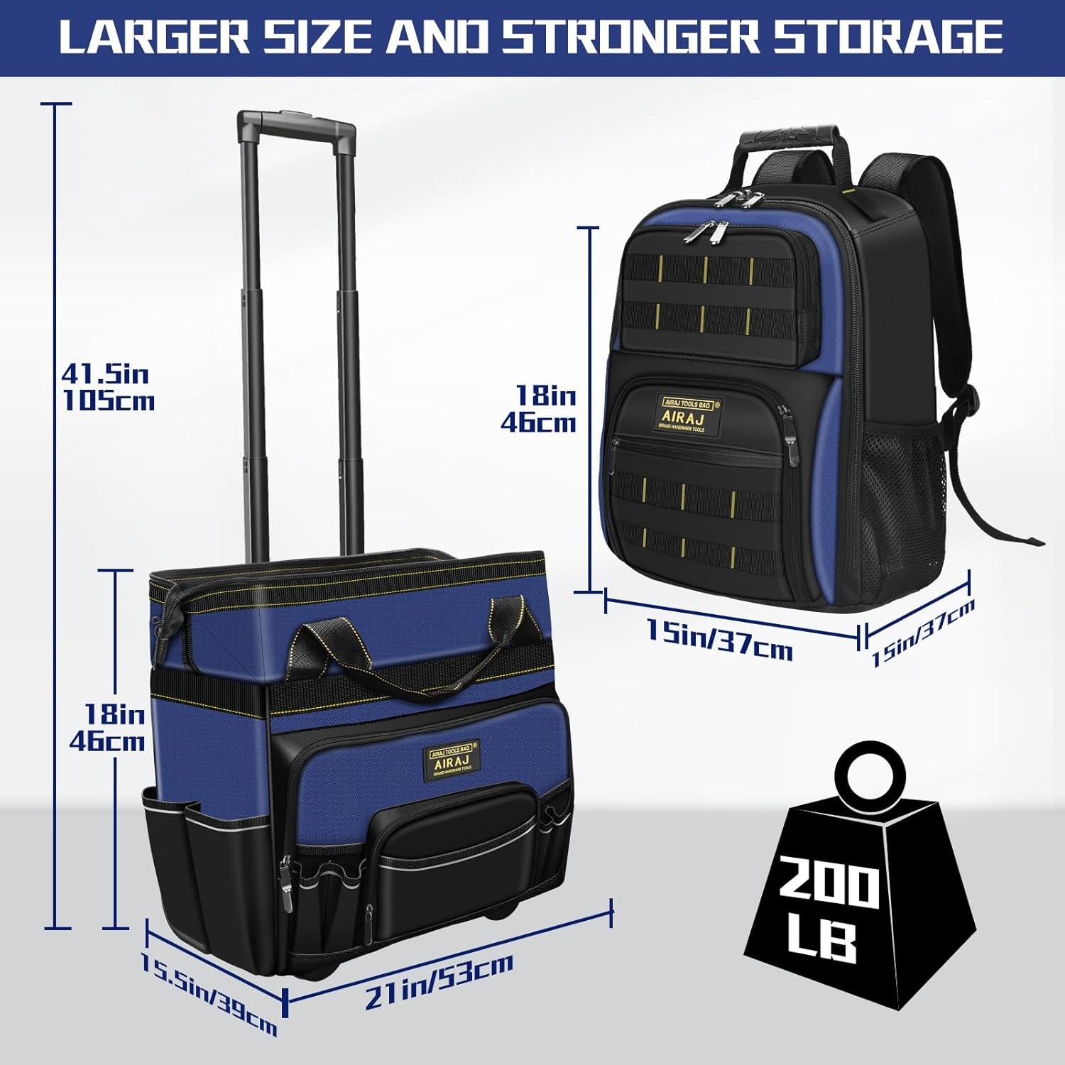 21" Rolling Tool Bag with Wheels & 18" Tool Backpack Set | Adjustable Telescoping Handle | Waterproof Tool Bag | Tool Backpack Heavy Duty | 1680D Oxford Cloth | USB Charging Port | 55 Pockets