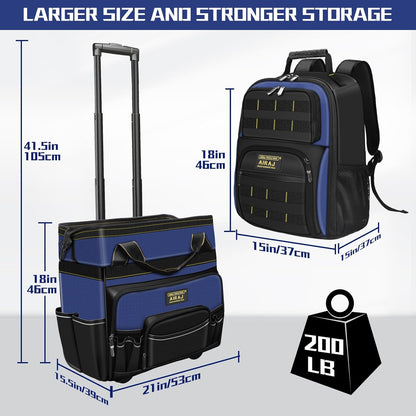 21" Rolling Tool Bag with Wheels & 18" Tool Backpack Set | Adjustable Telescoping Handle | Waterproof Tool Bag | Tool Backpack Heavy Duty | 1680D Oxford Cloth | USB Charging Port | 55 Pockets
