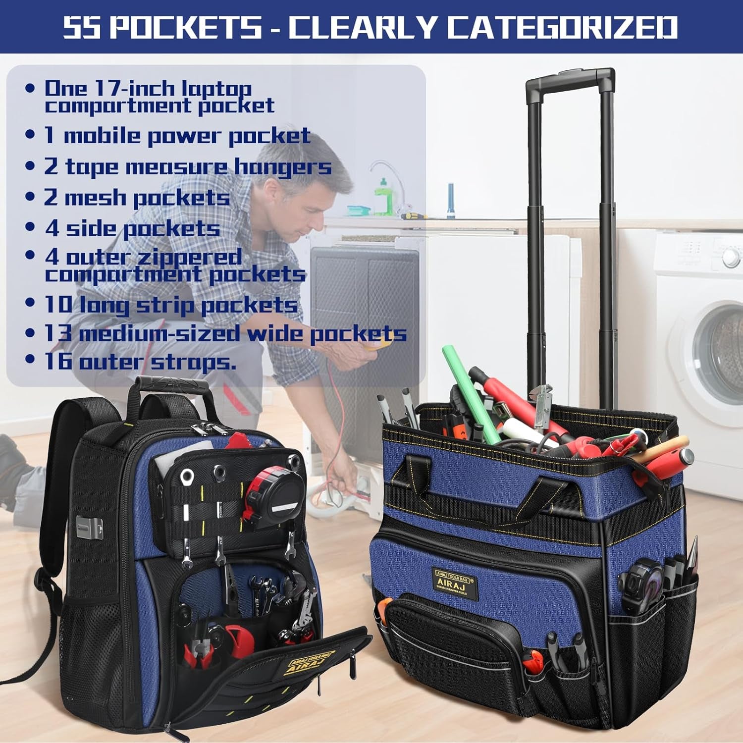 21" Rolling Tool Bag with Wheels & 18" Tool Backpack Set | Adjustable Telescoping Handle | Waterproof Tool Bag | Tool Backpack Heavy Duty | 1680D Oxford Cloth | USB Charging Port | 55 Pockets