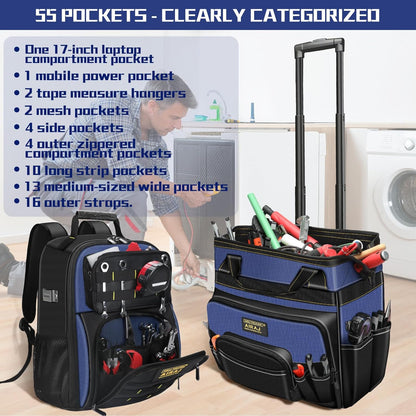 21" Rolling Tool Bag with Wheels & 18" Tool Backpack Set | Adjustable Telescoping Handle | Waterproof Tool Bag | Tool Backpack Heavy Duty | 1680D Oxford Cloth | USB Charging Port | 55 Pockets