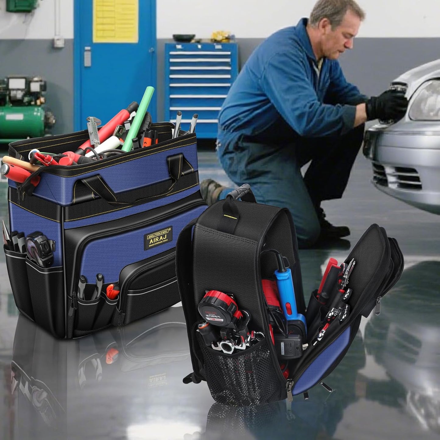 21" Rolling Tool Bag with Wheels & 18" Tool Backpack Set | Adjustable Telescoping Handle | Waterproof Tool Bag | Tool Backpack Heavy Duty | 1680D Oxford Cloth | USB Charging Port | 55 Pockets