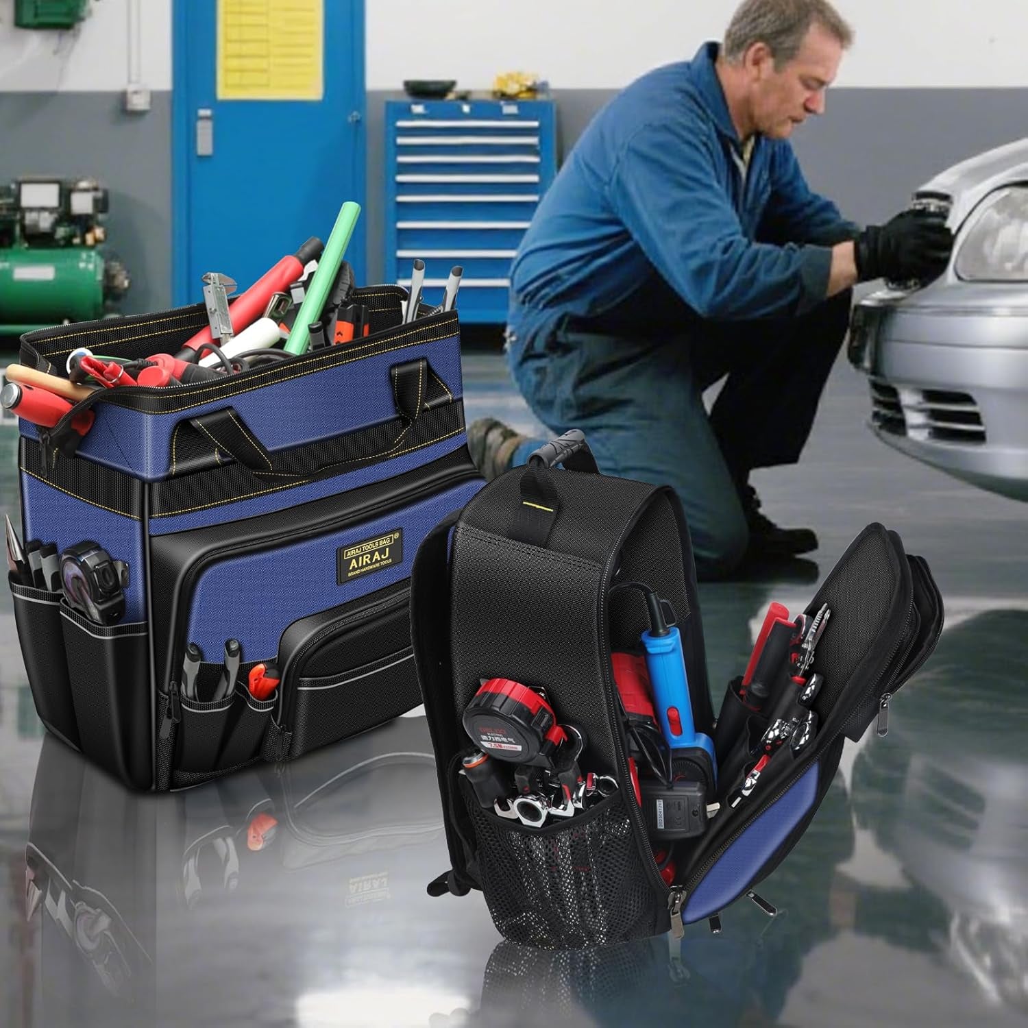 21" Rolling Tool Bag with Wheels & 18" Tool Backpack Set | Adjustable Telescoping Handle | Waterproof Tool Bag | Tool Backpack Heavy Duty | 1680D Oxford Cloth | USB Charging Port | 55 Pockets