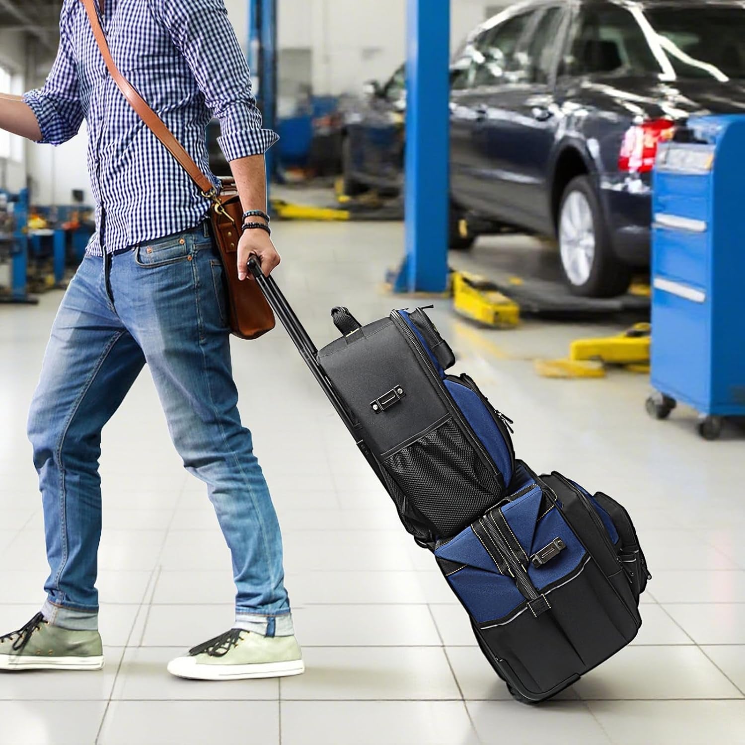 21" Rolling Tool Bag with Wheels & 18" Tool Backpack Set | Adjustable Telescoping Handle | Waterproof Tool Bag | Tool Backpack Heavy Duty | 1680D Oxford Cloth | USB Charging Port | 55 Pockets