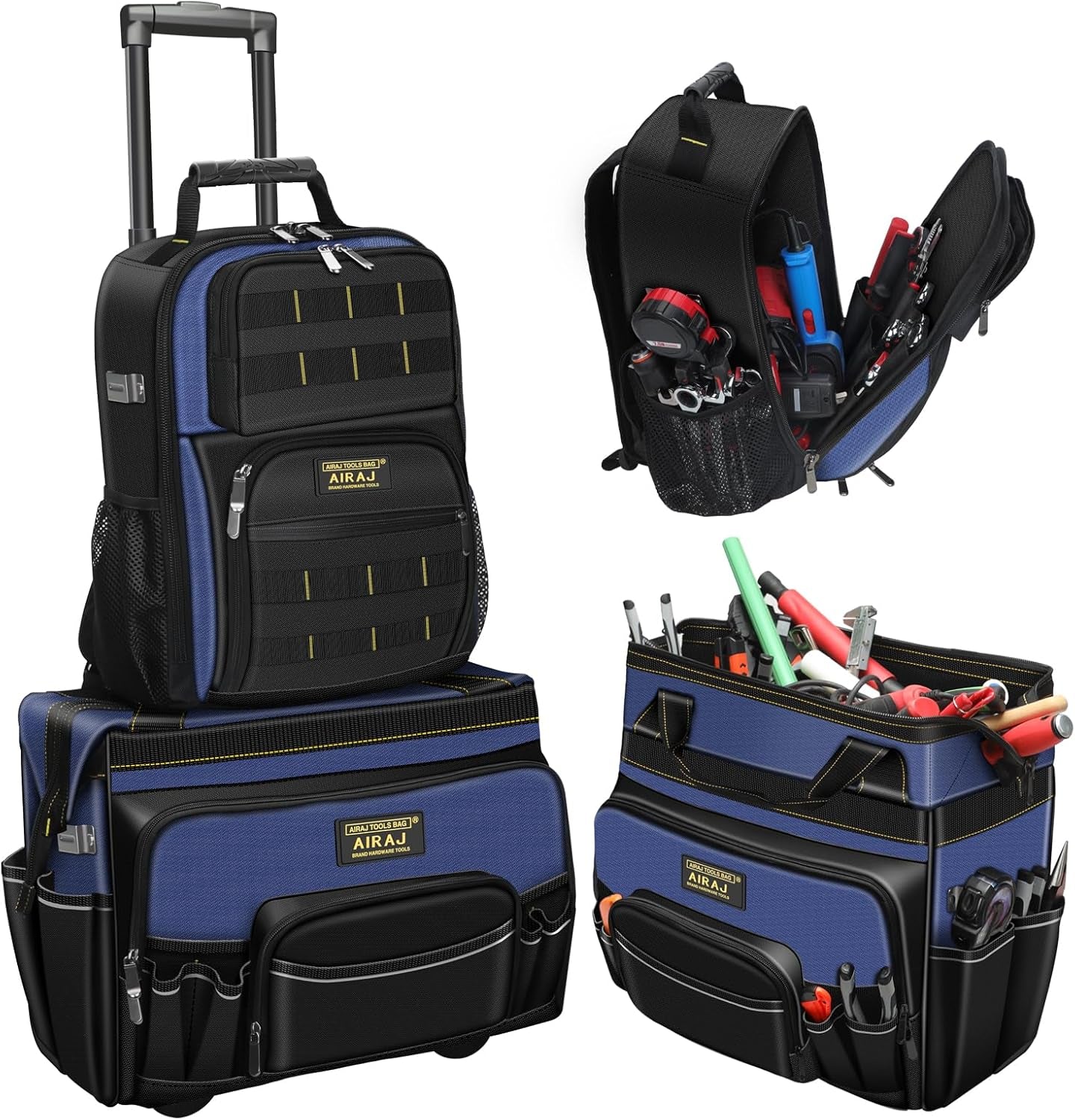 21" Rolling Tool Bag with Wheels & 18" Tool Backpack Set | Adjustable Telescoping Handle | Waterproof Tool Bag | Tool Backpack Heavy Duty | 1680D Oxford Cloth | USB Charging Port | 55 Pockets