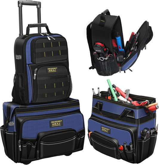21" Rolling Tool Bag with Wheels & 18" Tool Backpack Set | Adjustable Telescoping Handle | Waterproof Tool Bag | Tool Backpack Heavy Duty | 1680D Oxford Cloth | USB Charging Port | 55 Pockets
