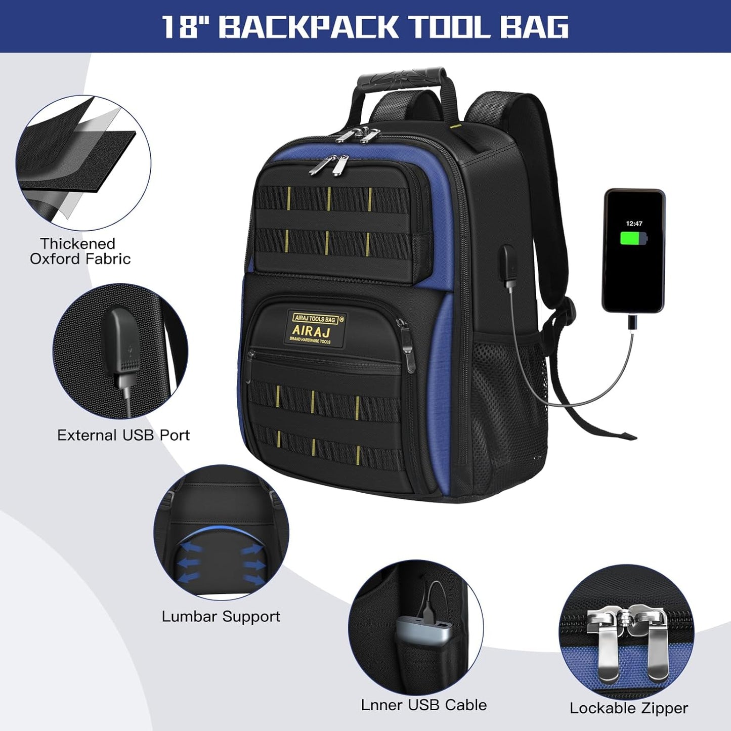 21" Rolling Tool Bag with Wheels & 18" Tool Backpack Set | Adjustable Telescoping Handle | Waterproof Tool Bag | Tool Backpack Heavy Duty | 1680D Oxford Cloth | USB Charging Port | 55 Pockets